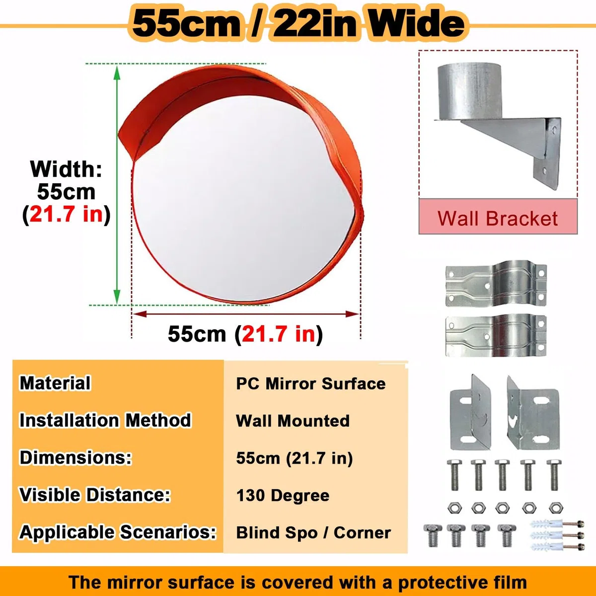 Miroir mural convexe en forme de coin de 55,9 cm - Miroir de sécurité pour route et allée - Grand design parabolique concave pour une meilleure visibilité