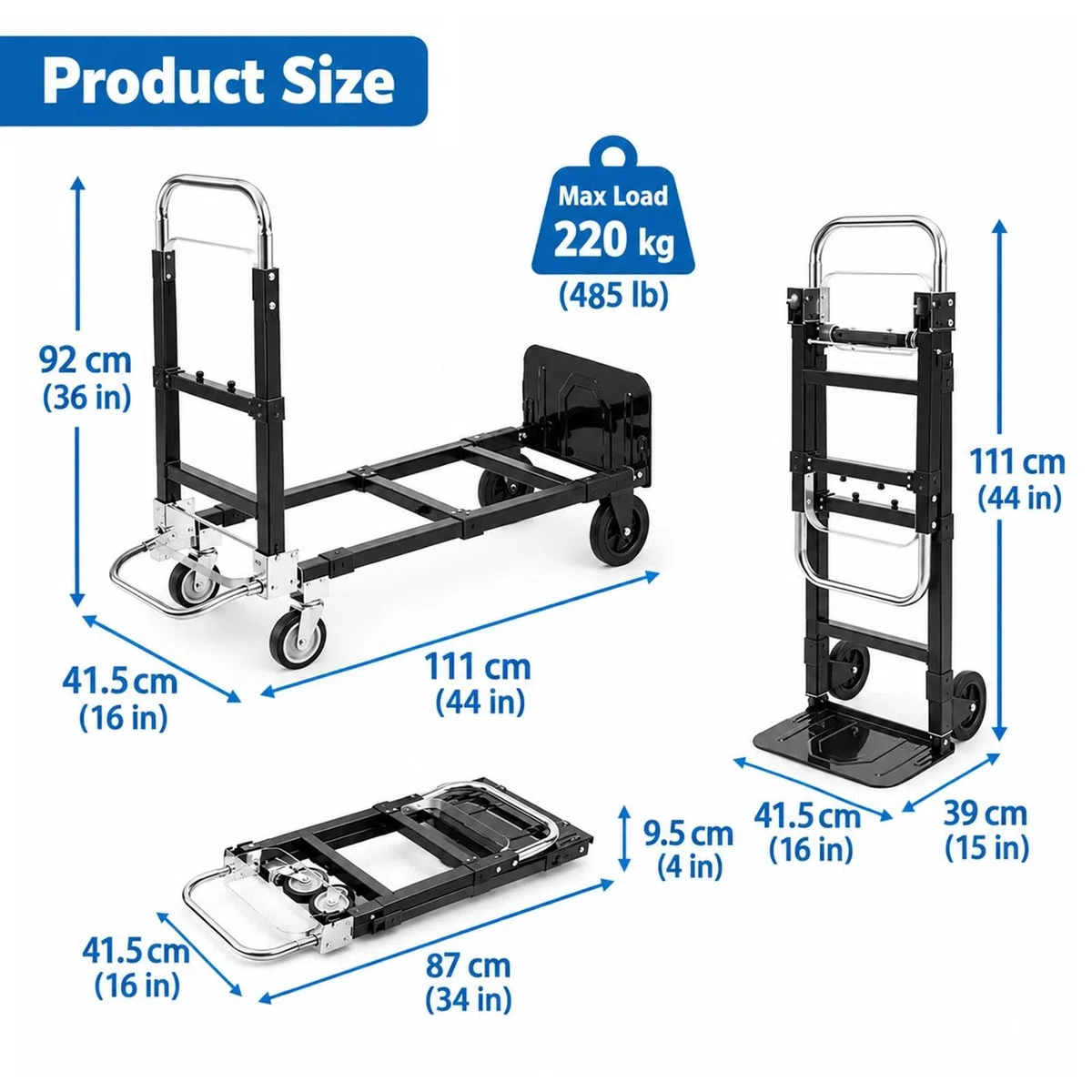 Chariot Manuel Pliant en Acier, 220 KG Chariot Convertible Robuste