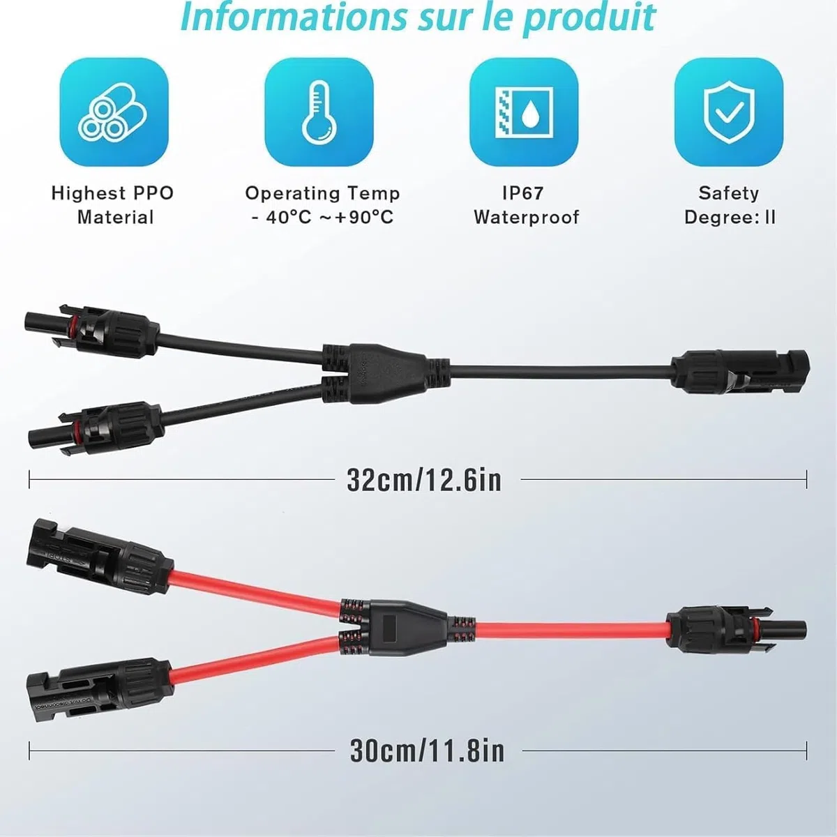 ANBOO 2 Paire Cable Solaire 4mm2, 1Y2 Connecteurs Câble Solaire, 10AWG Câble Solaire Y - Pour Photovoltaïque Panneau Solaire Cable -MFF/FMM - IP68 Étanche DC1500V Pour Système Solaire Photovoltaïque